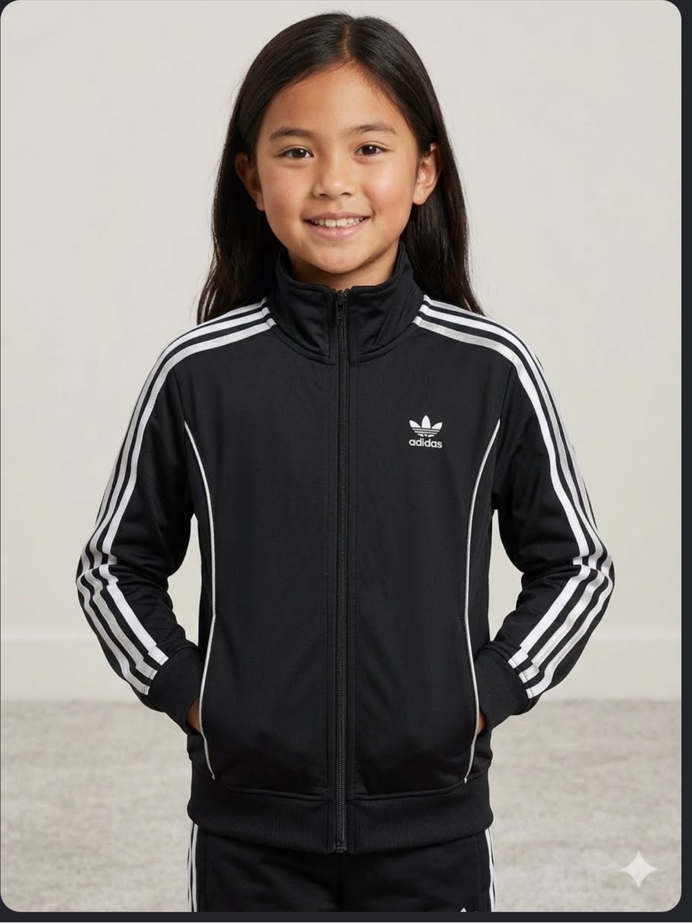 adidas Girls Black & Silver Metallic 3-Stripe Full Zip Track Jacket Size M 7/8